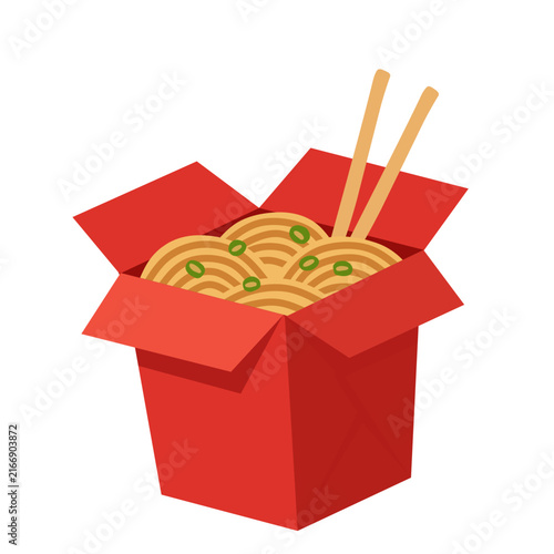 Asian-style noodles served in a red takeout box with chopsticks and vegetables, isolated on white background, cartoon vector illustration for food and restaurant designs