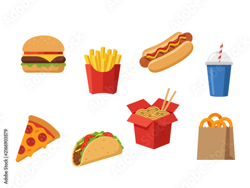 Set of fast food illustrations featuring burger, french fries, hot dog, soda, pizza, taco, noodles, and takeout bag, isolated on white background in cartoon vector style