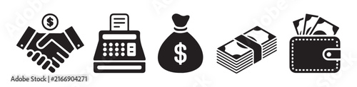 Business partnership and cash flow icons including handshake register money bag stack and wallet.
