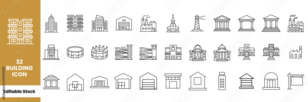 Fototapeta premium 32 Building Icons Set - Editable Stroke Line Icons for Architecture, Real Estate, City Skyscrapers, Factory, Church, Museum, Stadium and Warehouse