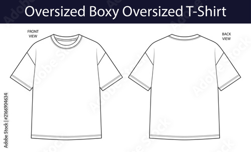 Oversized boxy T shirt technical fashion flat sketch. Mens relaxed fit drop shoulder tee vector template for apparel design, front and back views, CAD clothing mockup