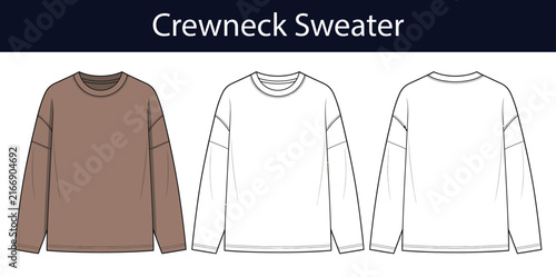 Crewneck sweater fashion flat illustration for womens wear, relaxed fit long sleeve pullover with ribbed trim, apparel vector template with front and back views, CAD design