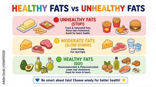 Healthy Fats vs Unhealthy Fats Educational Infographic for Nutrition and Heart Health