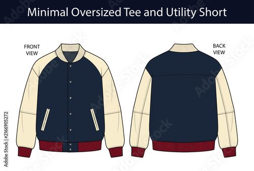 Retro varsity letterman jacket, unisex bomber with contrast sleeves, snap button closure, ribbed collar cuffs and hem, classic collegiate outerwear fashion flat, front and back CAD vector template
