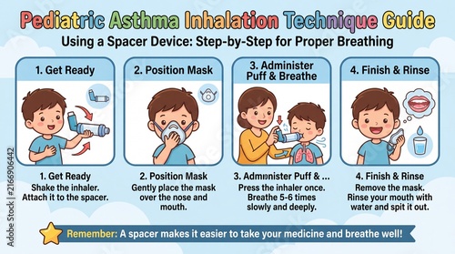 Pediatric Asthma Inhalation Technique Guide Using a Spacer Device Step-by-Step Infographic Illustration
