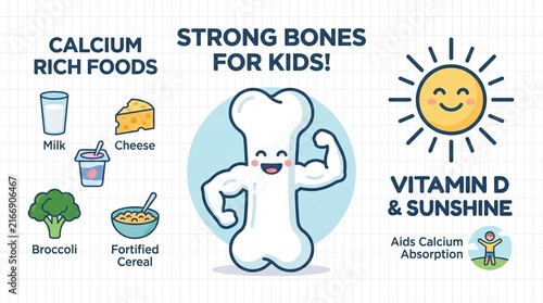 Educational Infographic of Strong Bones for Kids, Calcium Rich Foods and Vitamin D Sun Importance Illustration