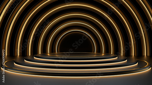 Luxury stage illuminated black and gold background with concentric arch, circular platform, and elegant theatrical lighting creating dramatic premium presentation setting for display