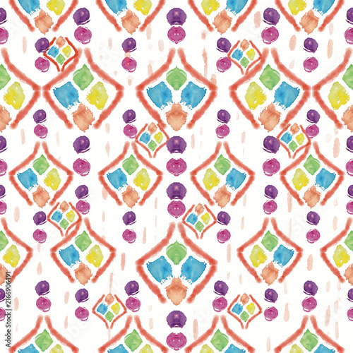 фотографія Watercolor, hand-painted, beauty, rearrangement, vibrant, pattern, continuous, art, colorful, yellow, red, green, blue, purple, pattern, textile pattern