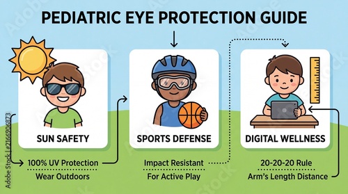 Pediatric Eye Protection Guide Infographic - Sun Safety, Sports Defense, and Digital Wellness for Kids
