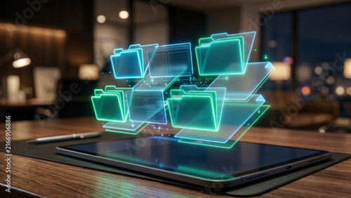 3D holographic digital folders in glowing neon green and cyan floating above a tablet screen on a wooden desk in a dark office, depicting cloud storage and file management.