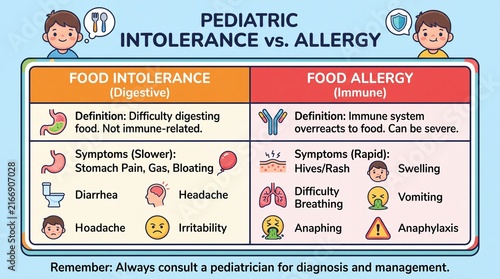 Pediatric Food Intolerance vs Food Allergy Educational Medical Infographic for Kids Health