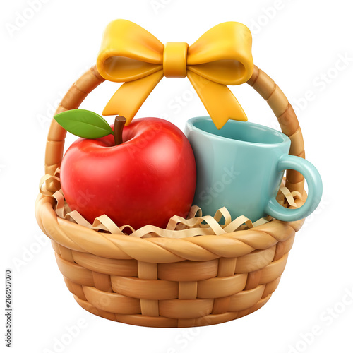 Back to School Season Peak featuring a woven wicker basket containing a fresh red apple and a small ceramic cup decorated with a yellow ribbon.