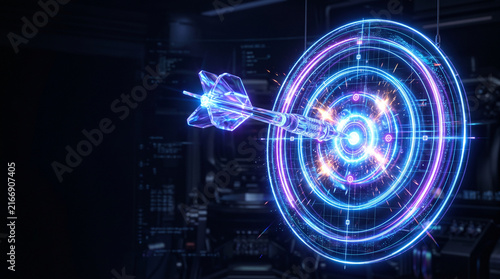A digital 3D rendering of a glowing glass dart hitting the center bullseye of a neon blue and purple holographic target board with light sparks and technical interface elements.