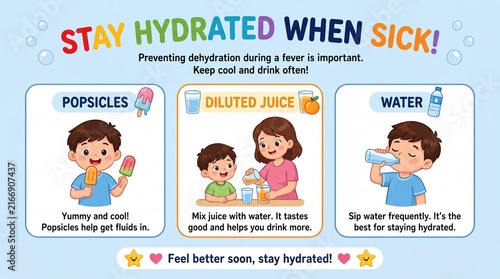 Tips for Preventing Dehydration in Children During Fever Educational Poster Illustration