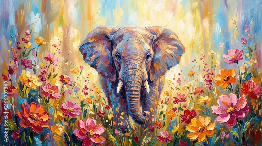 Obraz premium An artistic colorful elephant portrait surrounded by blooming flowers.