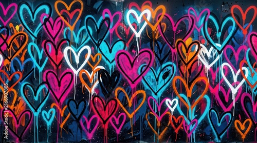 Vibrant heart background with colorful spray paint graffiti art.