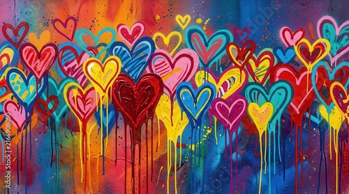 Vibrant street art featuring many colorful hearts and melting paint drips.