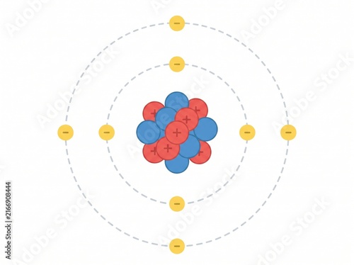 Educational atomic structure diagram showing nucleus with protons and neutrons surrounded by electron orbits atom model physics diagram scientific illustration chemistry icon neutrons electrons