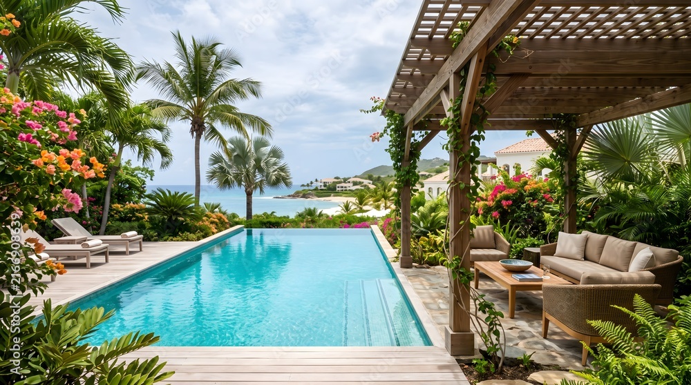 Fototapeta premium Luxurious Tropical Villa with Swimming Pool and Ocean View