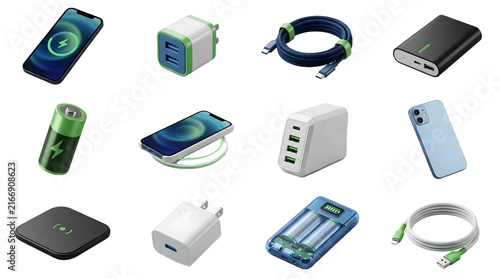 Modern electronic device charging accessories set on transparent background