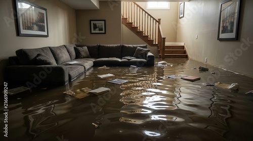 Living area in a basement experiencing severe water damage from flooding.