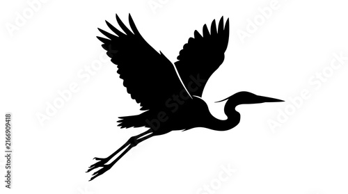 Black silhouette of a flying heron in side view showing spread wings, vector icon for nature