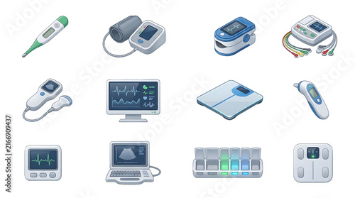 Set of medical equipment icons for health checkups on transparent background