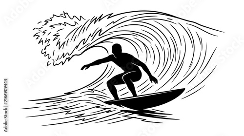 Black ink illustration of a surfer riding a large curling wave, perfect for surf shop branding and