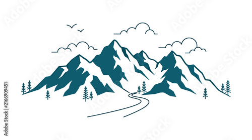 Minimalist mountain landscape with forest and road line art illustration for branding and apparel