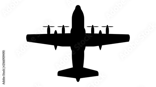 Black silhouette of four engine turboprop military transport airplane, top view for aviation icon