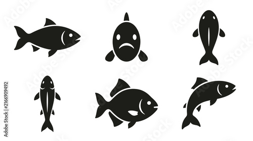 Set of black fish icons in various positions for seafood restaurant menu, fishing logo design