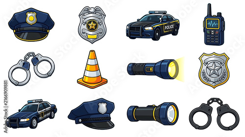 Collection of law enforcement icons including police car cap badge and handcuffs on transparent background