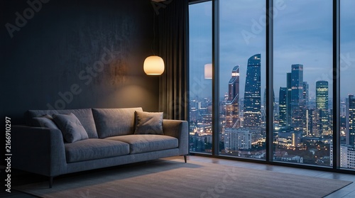 Luxury condominium interior featuring a minimalist living room and urban city view at night.