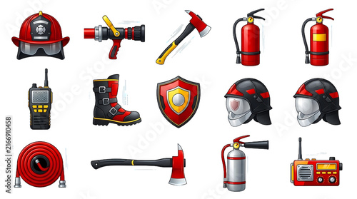 Firefighter equipment set with helmet extinguisher axe and hose on transparent background