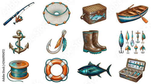 Fishing gear and equipment set including rod net boat and anchor on transparent background