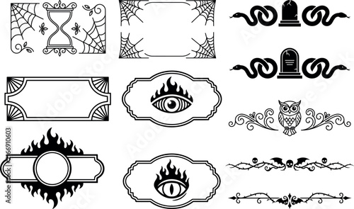 Gothic halloween border frames and creepy ornaments for spooky horror themed print design.