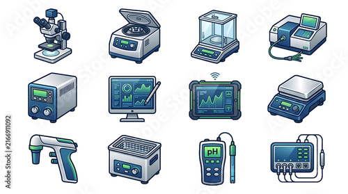 Laboratory equipment icons set featuring scientific instruments on transparent background