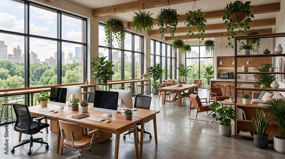 Fototapeta premium Modern biophilic open plan office workspace with hanging indoor plants and large city view windows