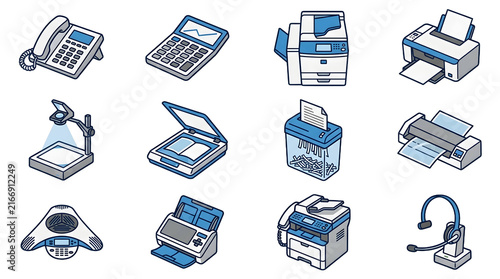 Office equipment icons set on transparent background featuring various devices