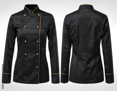 Women's black chef coat with gold accents.