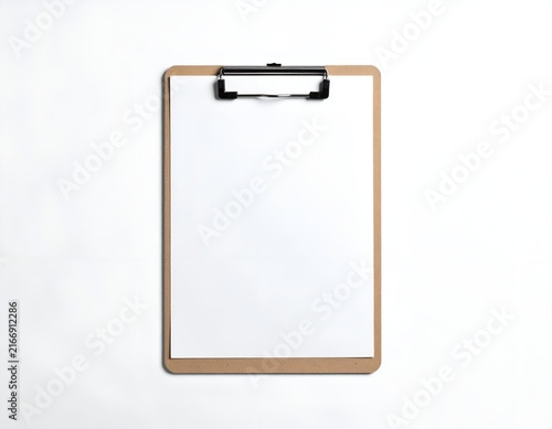 Wooden clipboard with blank white paper on white background