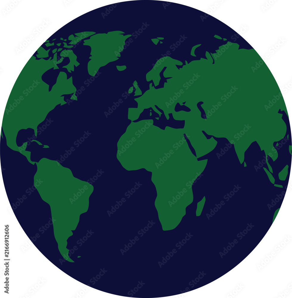 Obraz premium A stylized graphic illustration of the planet Earth showing continents in green against a dark blue ocean background.