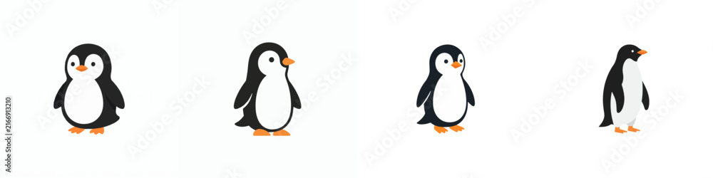 Obraz premium Set of four cute cartoon penguin icons isolated on white