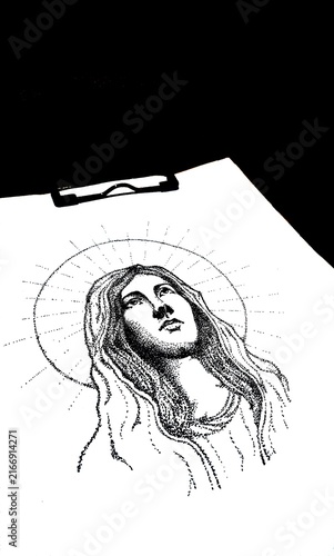 Bild auf Leinwand Stippling Illustration of Blessed Virgin Mary on a Sketch Clipboard Mockup