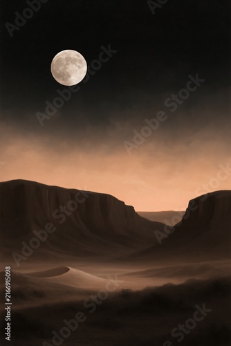 Moonlit Desert Canyon, Full Moon Desert Landscape over dramatic canyon cliffs, Full Moon Desert Landscape at night, Full Moon Desert Landscape with surreal arid scenery, Mystical Arid Wilderness