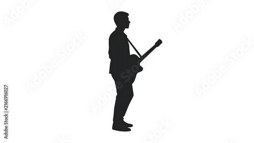 Silhouette of a man playing guitar white background.