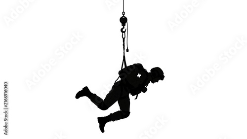 Silhouette of a person rappelling on white background.