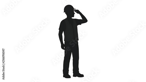 Silhouette of a person saluting on white background.