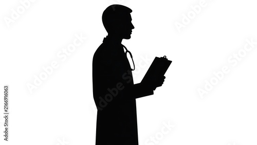 Silhouette of doctor reading clipboard white background.