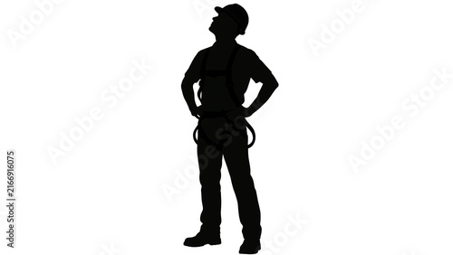 Silhouette of firefighter standing white background.